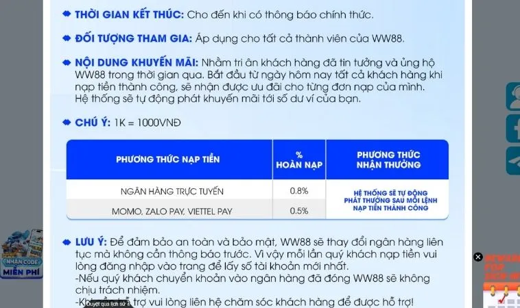 Hoàn Trả Không Giới Hạn WW88 Tỷ Lệ Cao Nhất Thị Trường 2 Nội dung chương trình khuyến mãi Hoàn Trả Không Giới Hạn WW88
