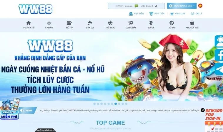 Giao diện trang chủ nhà cái WW88