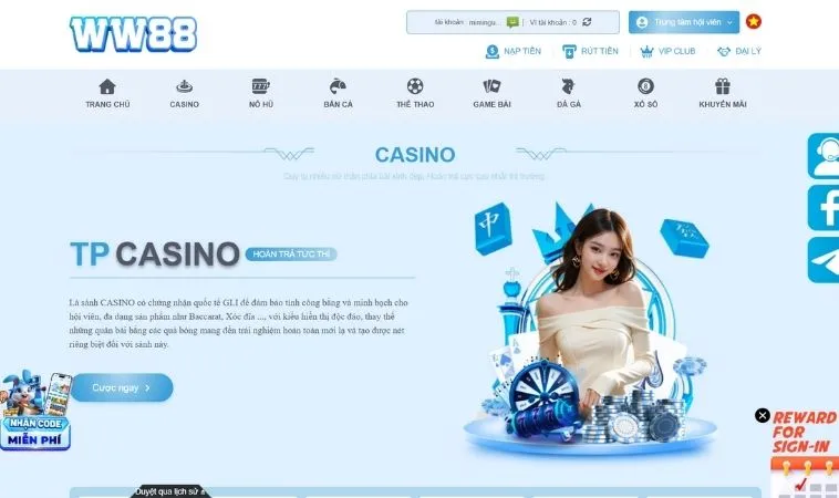 Casino Online 1 Sảnh Casino Online WW88 thiết kế giao diện đẹp, chuyên nghiệp